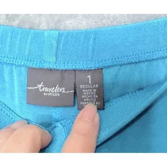 CHICOS TRAVELERS Size 1 Medium Teal Slinky Pants Elastic Waist Pull On - Picture 3 of 6
